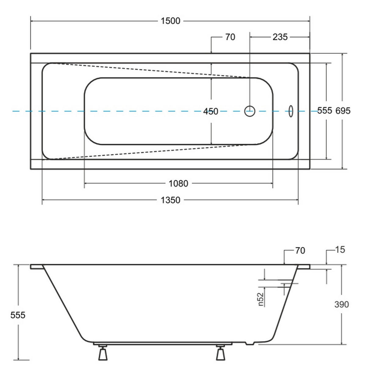 BADEWANNE Rechteck MODERN SLIM 150/70 Ablauf & Füße - Weiß, Kunststoff (70/53.5/150cm) - bad land