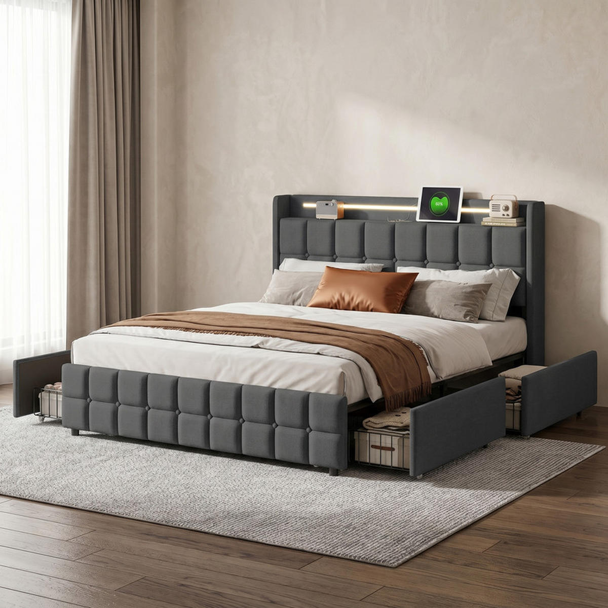 POLSTERBETT 160/200 cm grau mit Schubladen, LED und USB - Grau, Holz