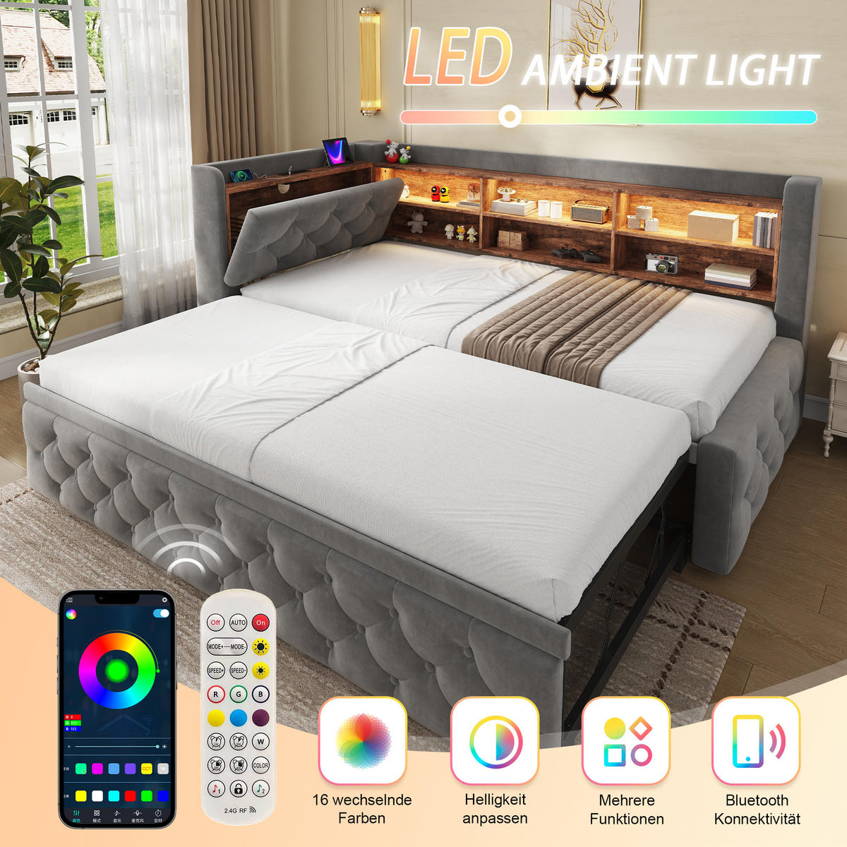 TAGESBETT Ausziehbar 90/180x190cm, Samt, LED/USB/Stauraum, Dunkelgrau - Dunkelgrau, Holz/Textil - LVHOM