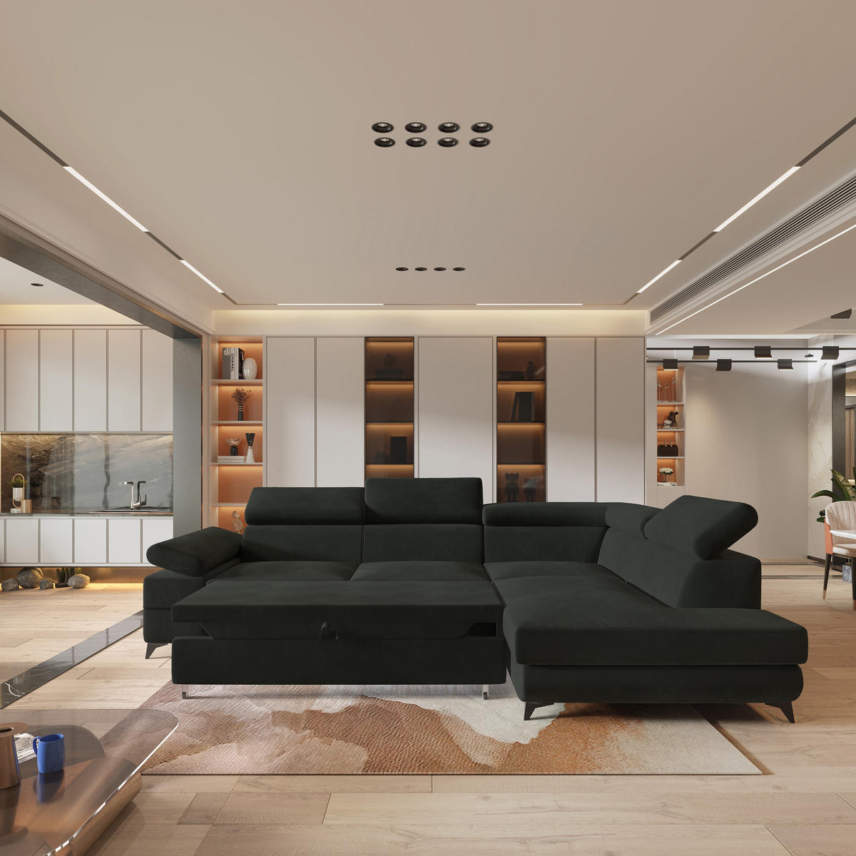 ECKSOFA FAVIEN R-S Schwarz Velours-Stoff mit Schlaffunktion - Schwarz, Holz (257/190cm) - MASSENO