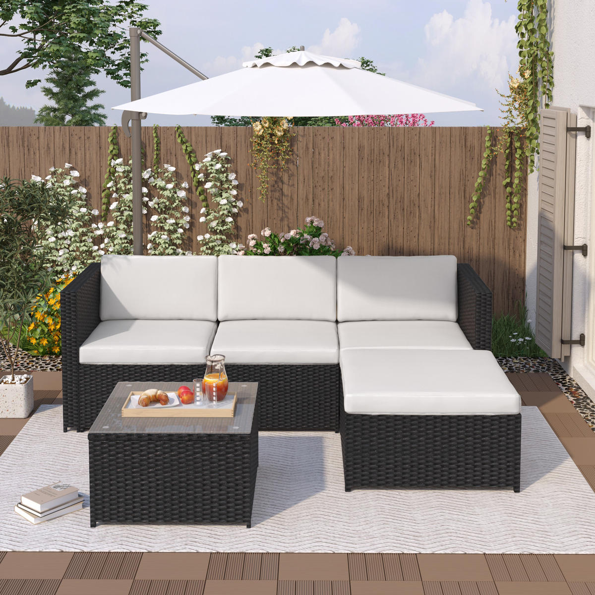 LOUNGESET Schwarz Poly Rattan Mit Sitzkissen & Glastisch - Schwarz, Metall - FLIEKS