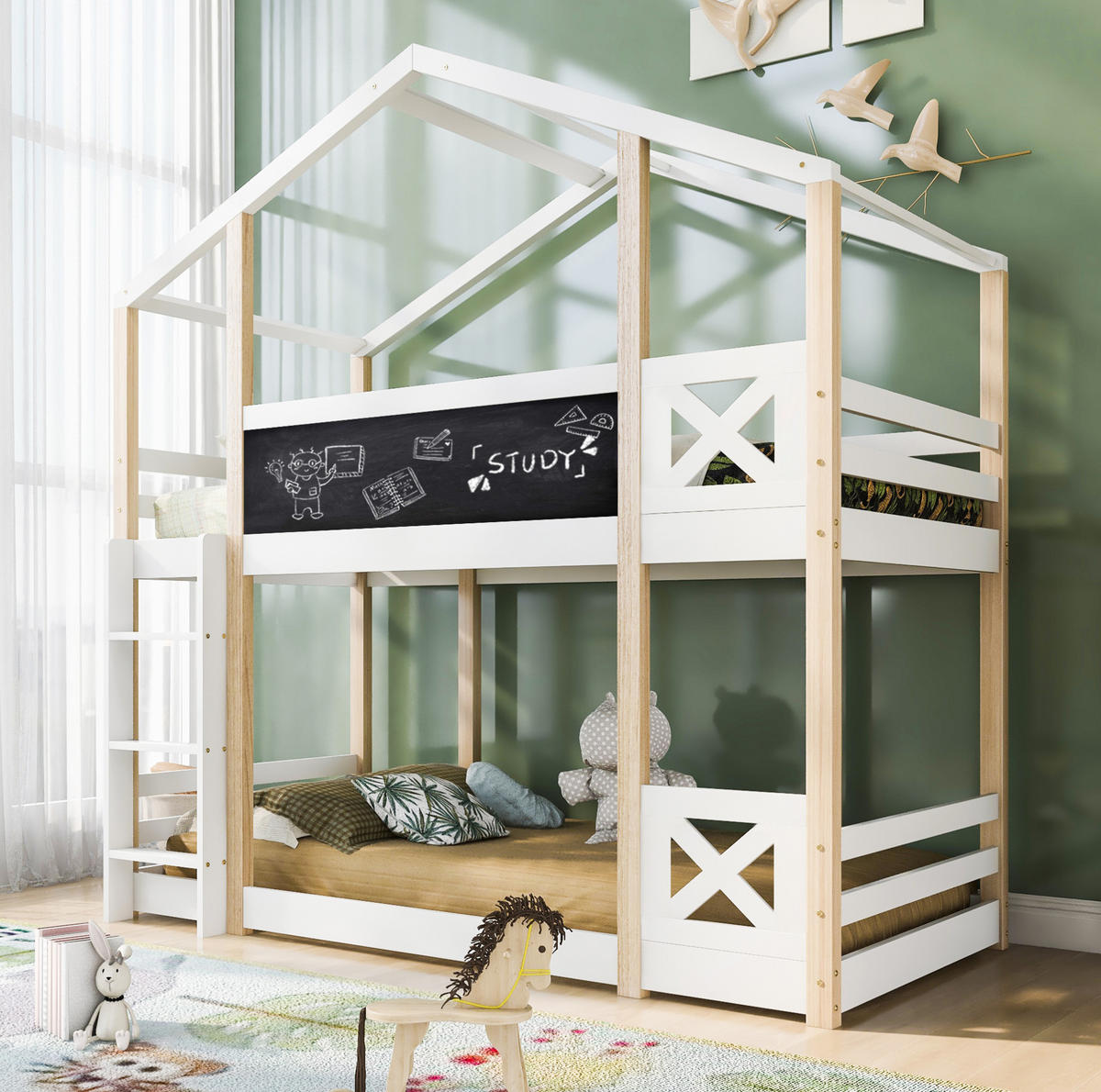 ETAGENBETT mit Leiter und Tafel 90x200 cm Kiefernholz Weiß - Beige, Holzwerkstoff (90/200cm) - Beauniv