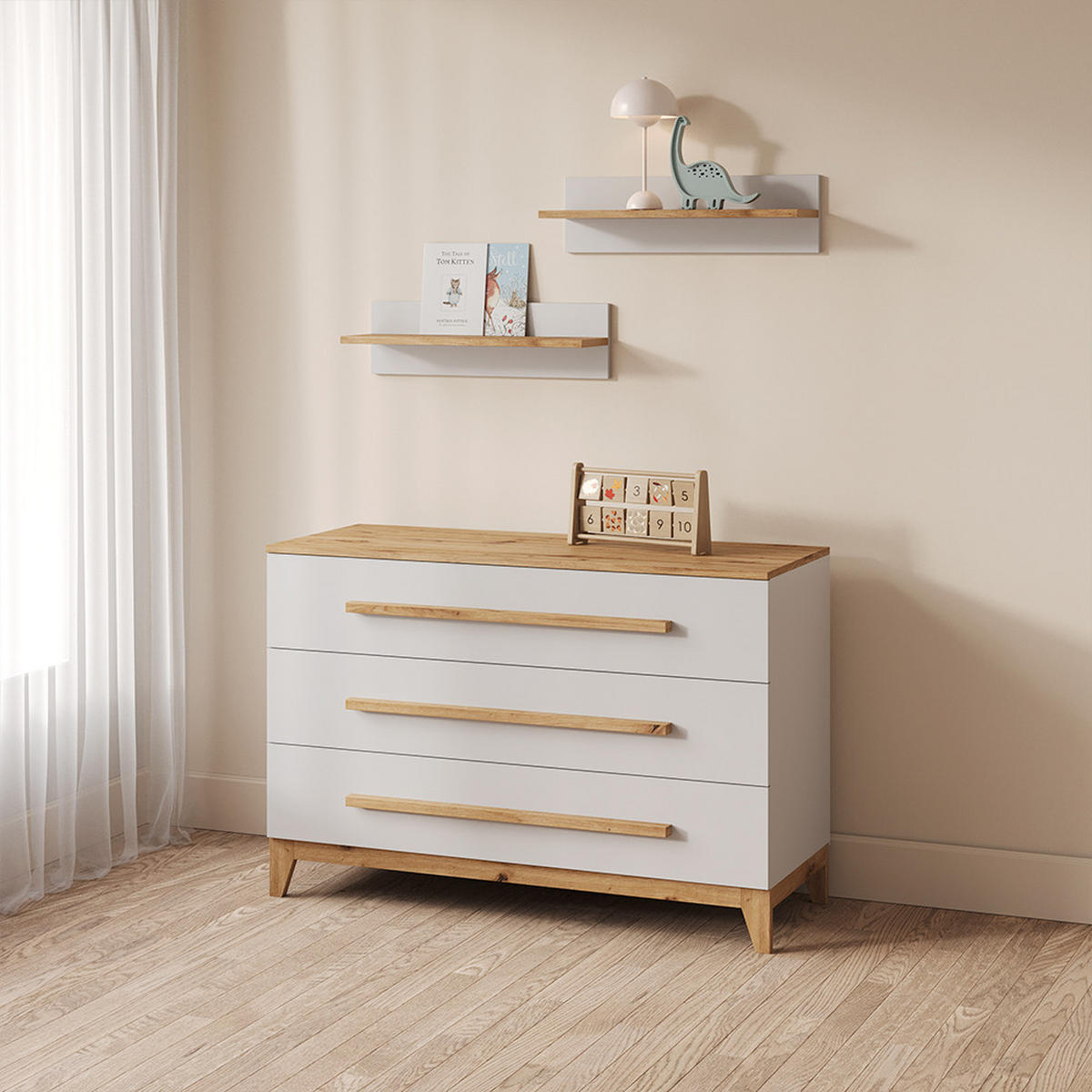 WICKELKOMMODE Mailo Weiß/Artisan XL mit 3 Schubladen - Weiß/Eiche Artisan, Holzwerkstoff (133/98/70cm) - Livinity®