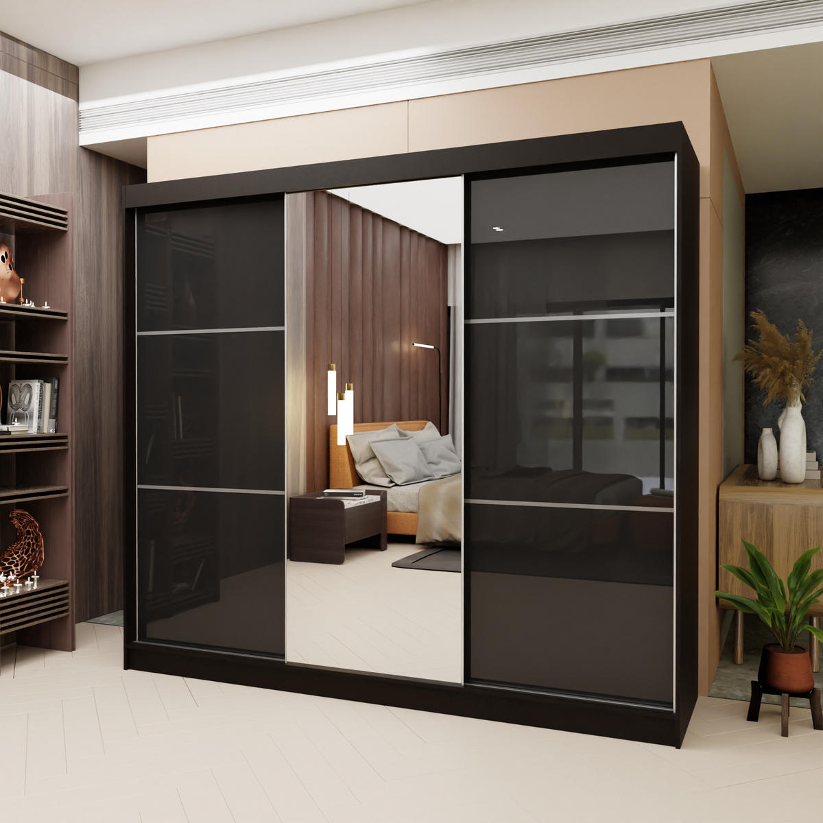 SCHWEBETÜRENSCHRANK VITALE 240/216/61 cm 3-türig mit Spiegel Schwarz - Schwarz, Holzwerkstoff (240/216/61cm) - MASSENO