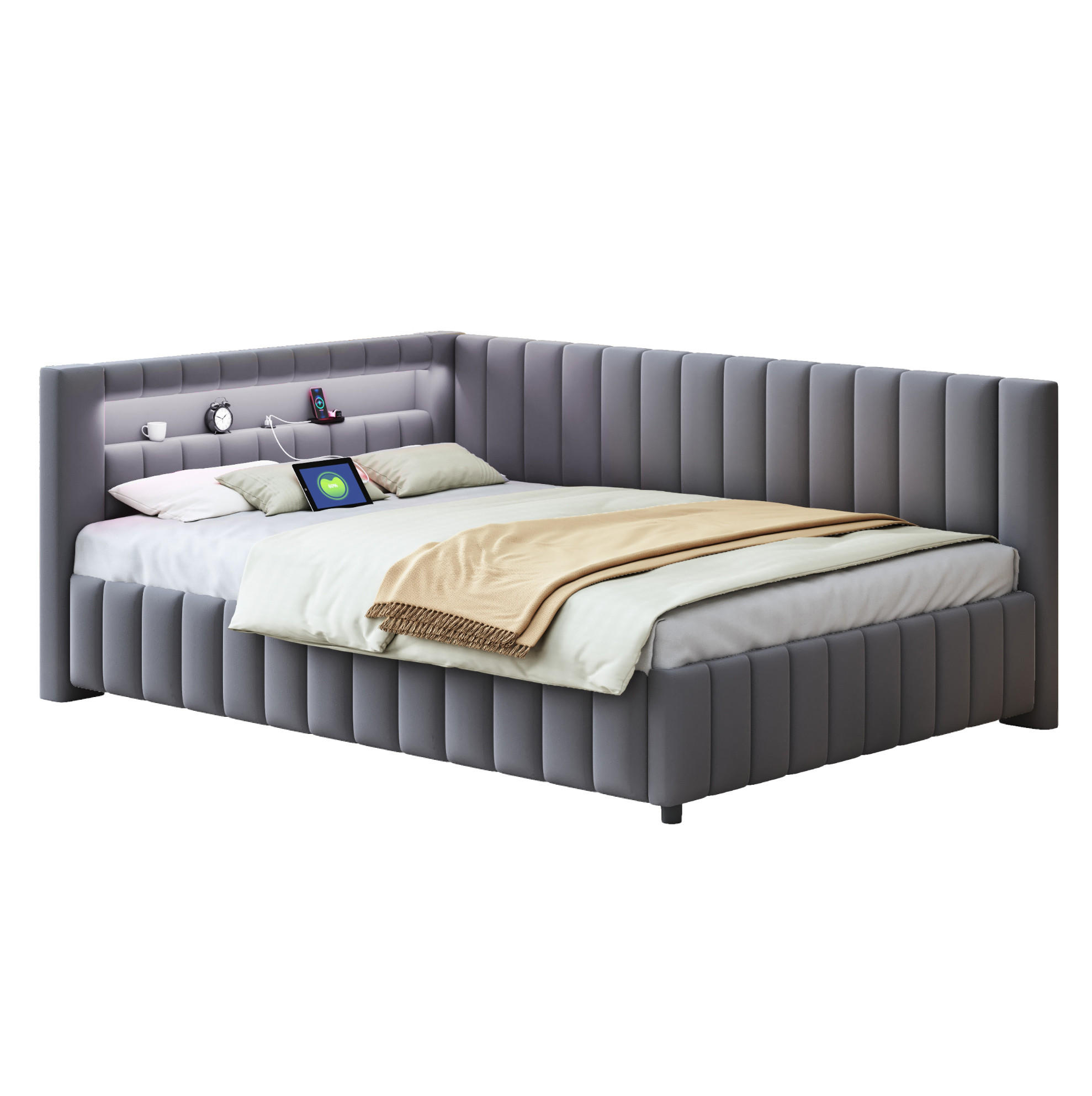POLSTERBETT mit LED-Beleuchtung 140/200 cm in Grau mit Samtbezug und USB - Grau, Textil (140/200cm) - BEAOK