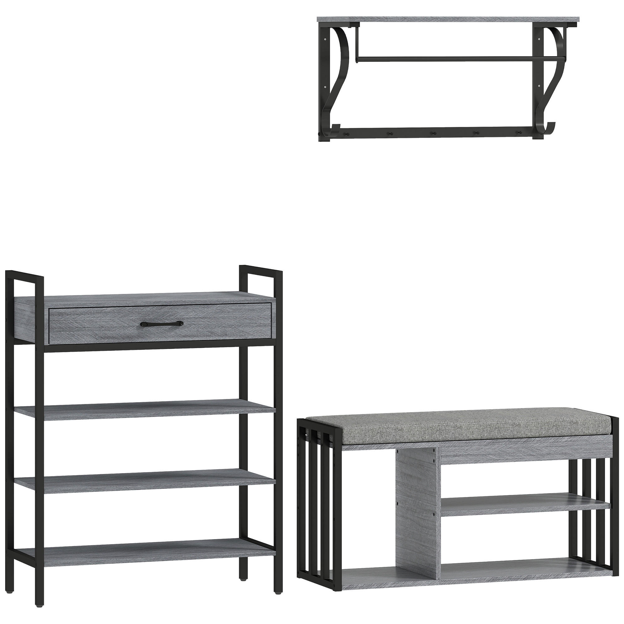 SCHUHREGAL 4 Ebenen Wandgarderobe mit Ablage 5 Haken und Stange gepolstert - Schwarz/Grau, Holzwerkstoff/Metall (30/87.6/70cm)