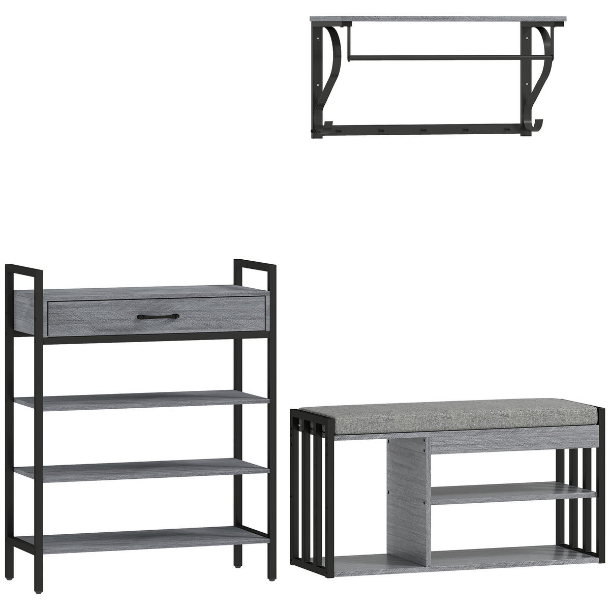 SCHUHREGAL 4 Ebenen Wandgarderobe mit Ablage 5 Haken und Stange gepolstert - Schwarz/Grau, Holzwerkstoff/Metall (30/87.6/70cm)