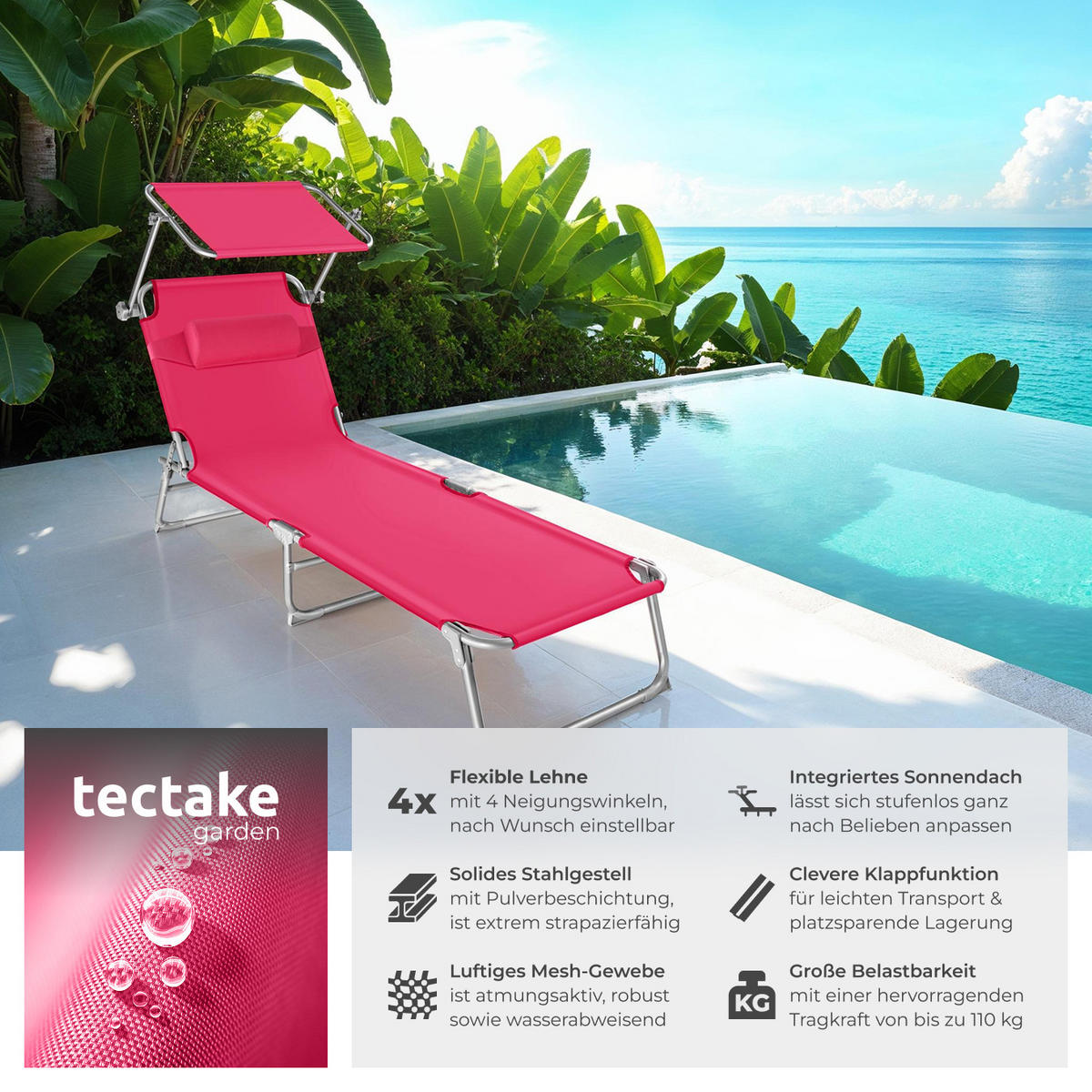 GARTENLIEGE Chloé,190 x 68 x 65 cm,pink - Pink, Kunststoff (68/65/190cm) - tectake