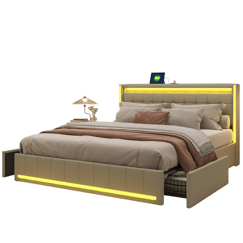 MANŽELSKÁ POSTEĽ 180/200 cm béžová ľanová s LED, USB, 4 zásuvkami - béžová, drevo - SHOPENTRA