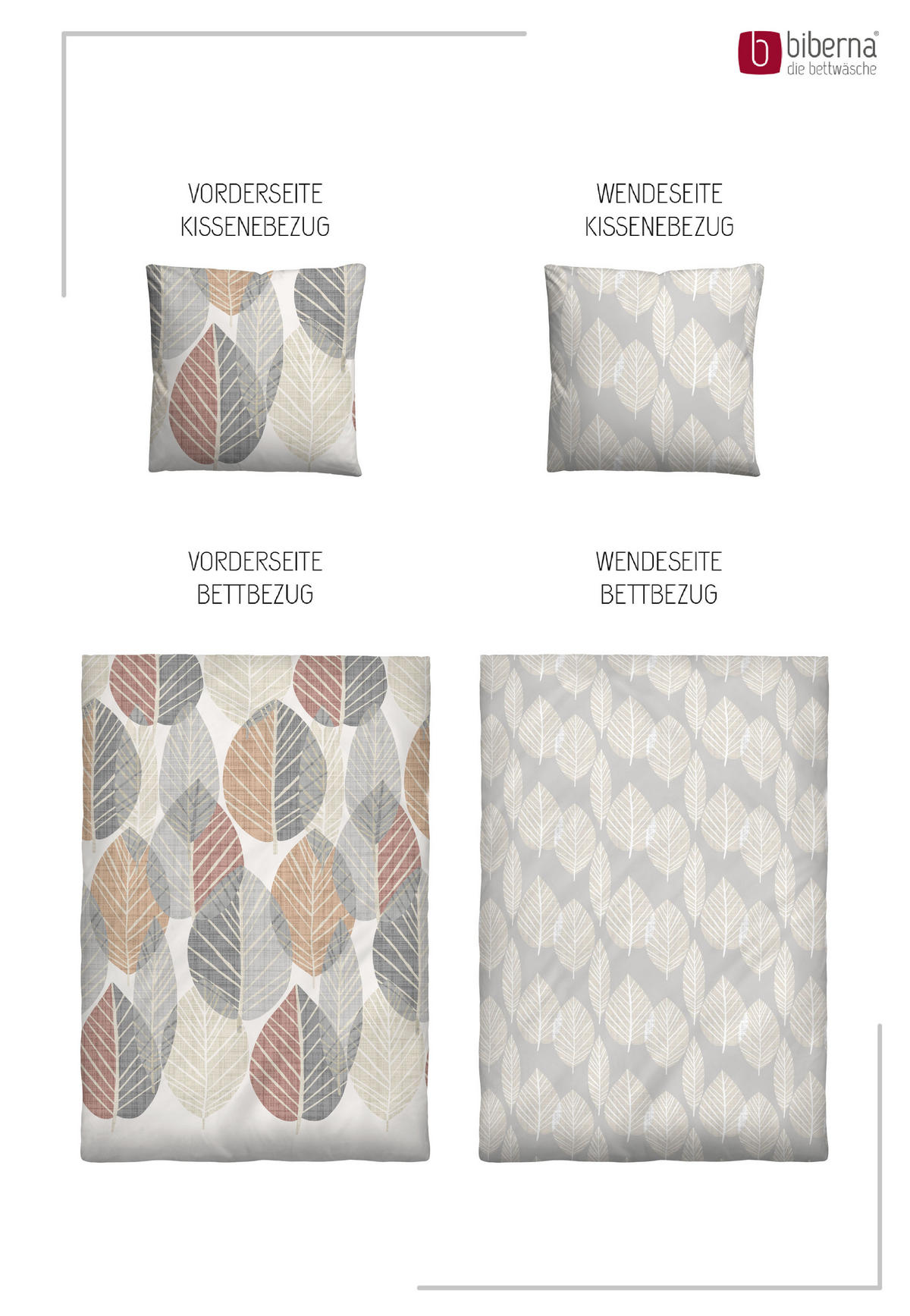 BETTWÄSCHE-GARNITUR Premium Biber Blätter Groß natur, 135x200 cm + 80x80 cm - Naturfarben, Textil (135/200cm) - biberna