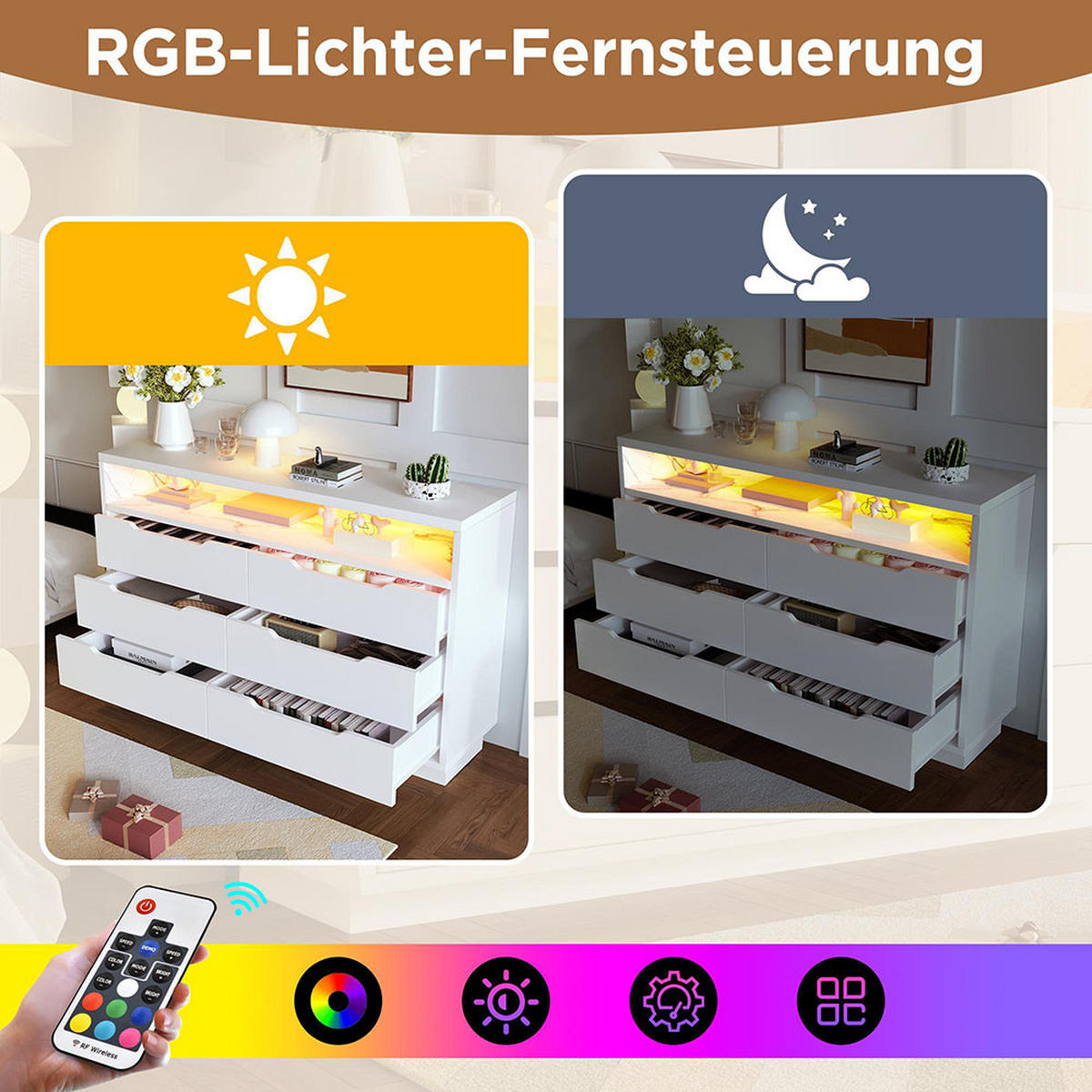 KOMMODE mit LED-Beleuchtung und 6 Schubladen，Weiß - Weiß, Holzwerkstoff (40/85/120cm) - KOMHTOM