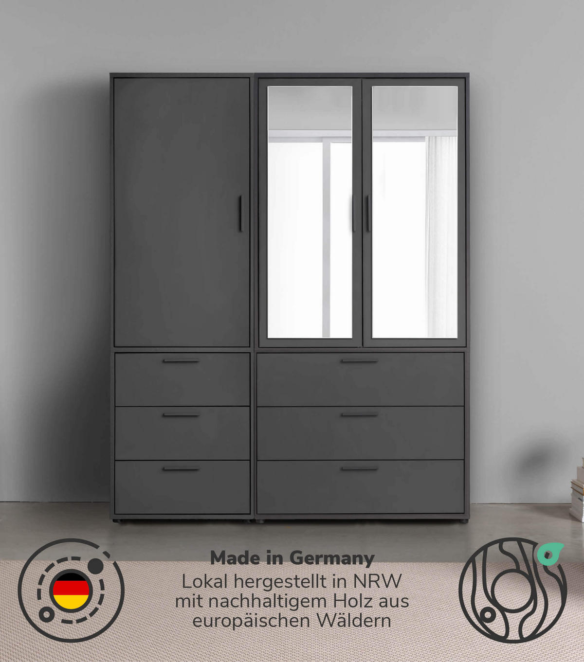KLEIDERSCHRANK mit Spiegel Der Grenzenlose - Anthrazit, Holzwerkstoff (150/187/58cm) - Mokebo