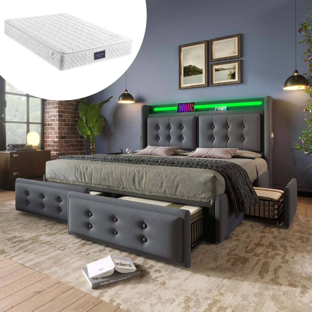 BETT mit Matratze 140x200 cm Grau mit LED, USB-C und 4 Schubladen - Grau, Metall (140/200cm) - Meubliv