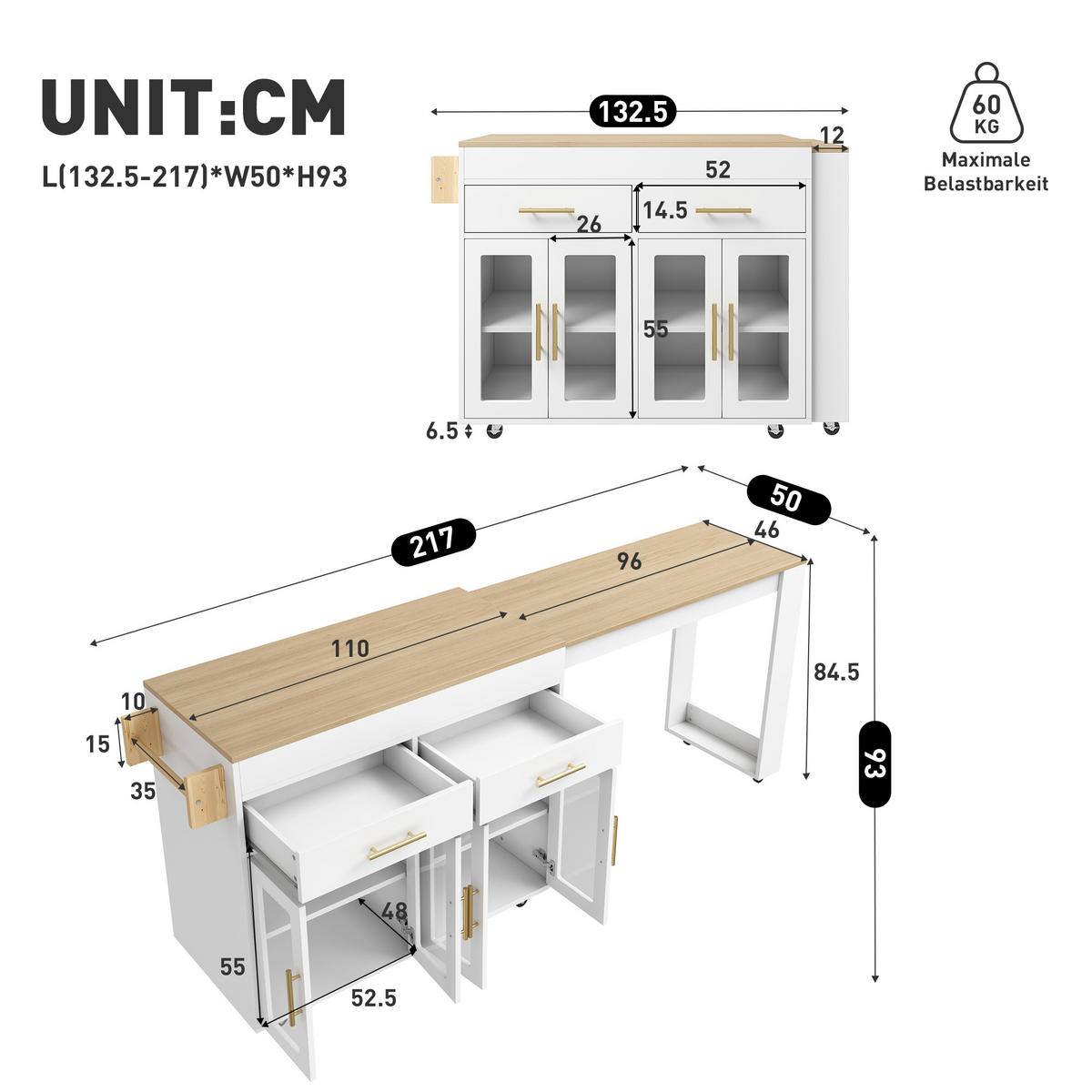 KÜCHENINSEL in Weiß und Naturfarben mit Rollen und ausziehbarer Tischplatte für Esszimmer, B132,5-217/T50/H93 cm - Weiß, Holzwerkstoff/Metall (217/93/50cm) - STILVORA