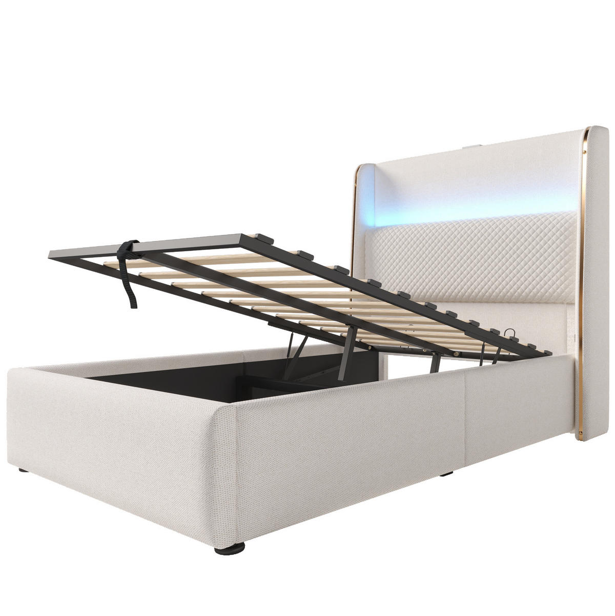 POLSTERBETT 90/200 cm mit Bettkasten, LED & USB/Type-C, inkl. Matratze - Beige, Textil (90/200cm) - BEAOK