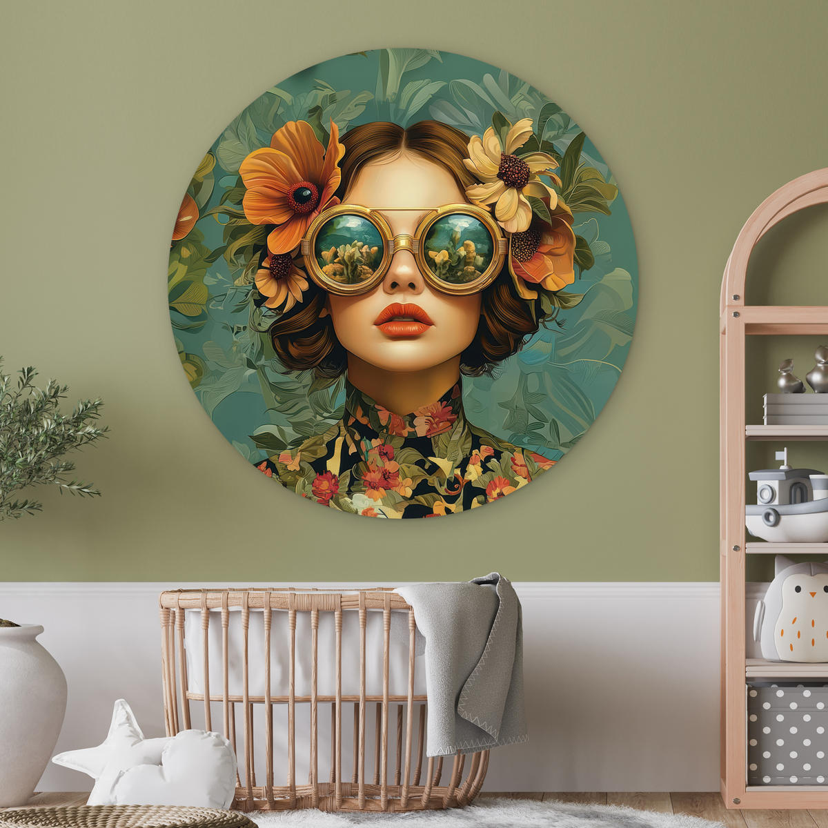 NÁSTĚNNÝ OBRAZ Žena - Květiny - Motýli - Příroda - Vintage 140x140 cm - petrolejová, plast (140/140cm) - MuchoWow