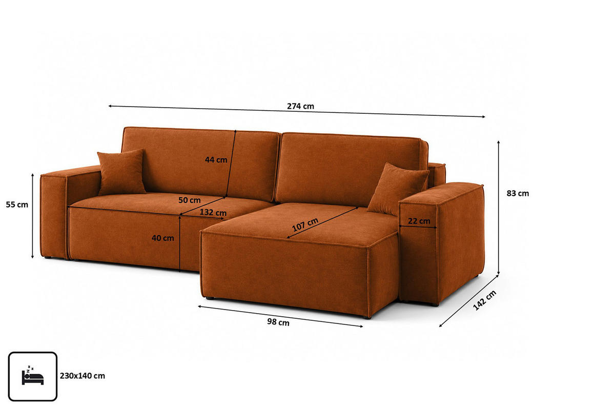 ECKSOFA L-Form Mit Schlaffunktion Und Bettkasten, Veloursstoff Bluvel, Zimtfarbe, Rechts, BEST XL - Kupferfarben, Holz (274/142cm) - Kaiser Möbel