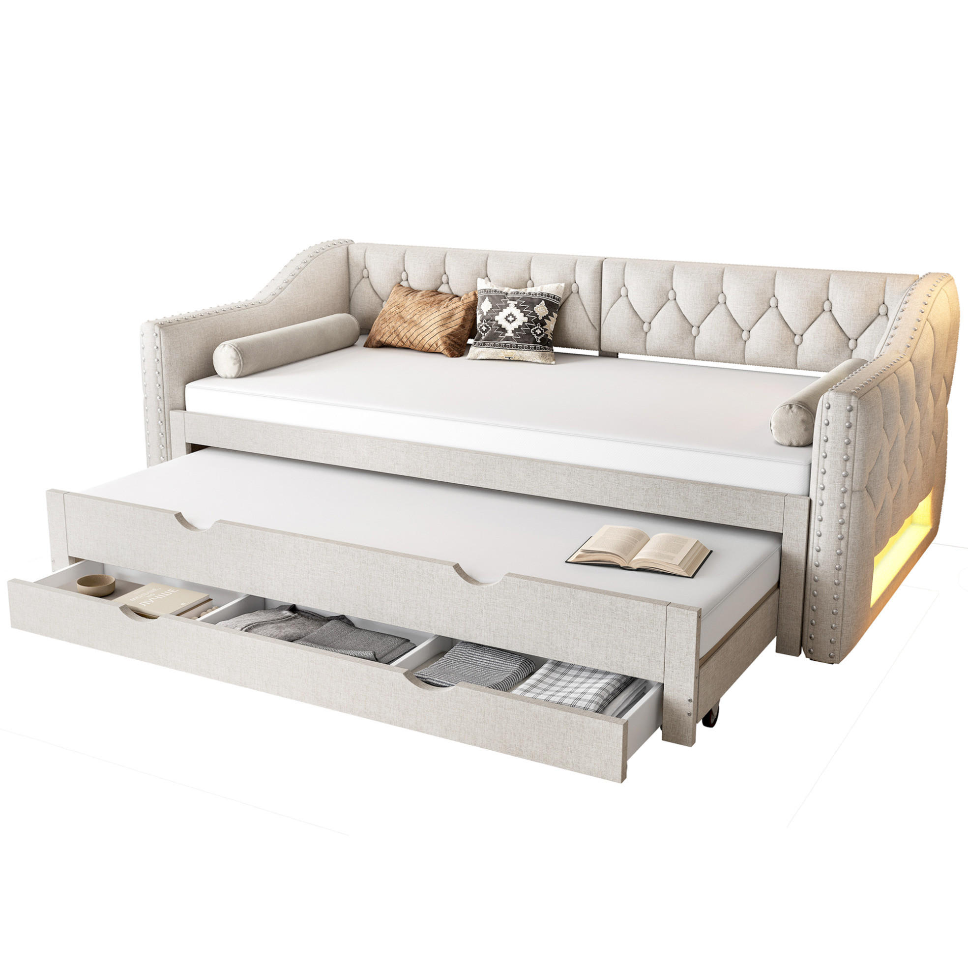 OKWISH DENNÍ postel 90/200 cm béžová z MDF a lnu s LED osvětlením, výsuvným lůžkem a 3 zásuvkami