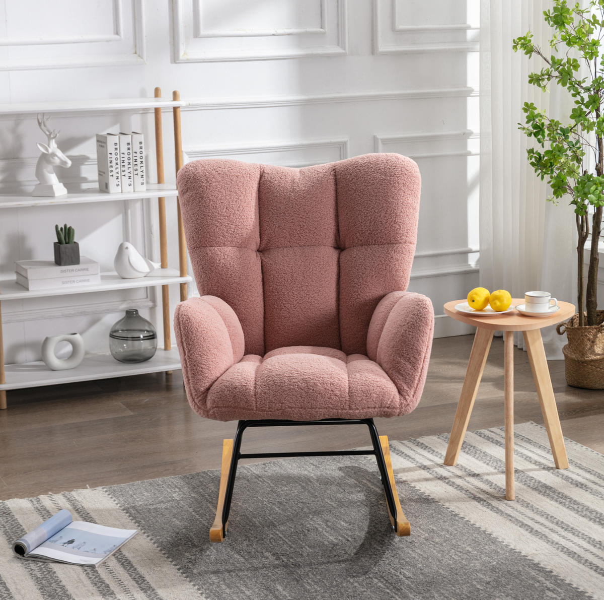 SCHAUKELSTUHL 80/70/95 cm in Rosa aus Teddystoff mit Holz-Kufen - Rosa, Textil (70/95/80cm) - Flora Grace