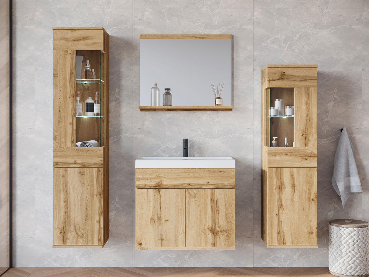 BADMÖBEL-SET Nairobi mit weißer LED Beleuchtung - Eiche Wotan, Holzwerkstoff (31/133/31cm) - MIRJAN24