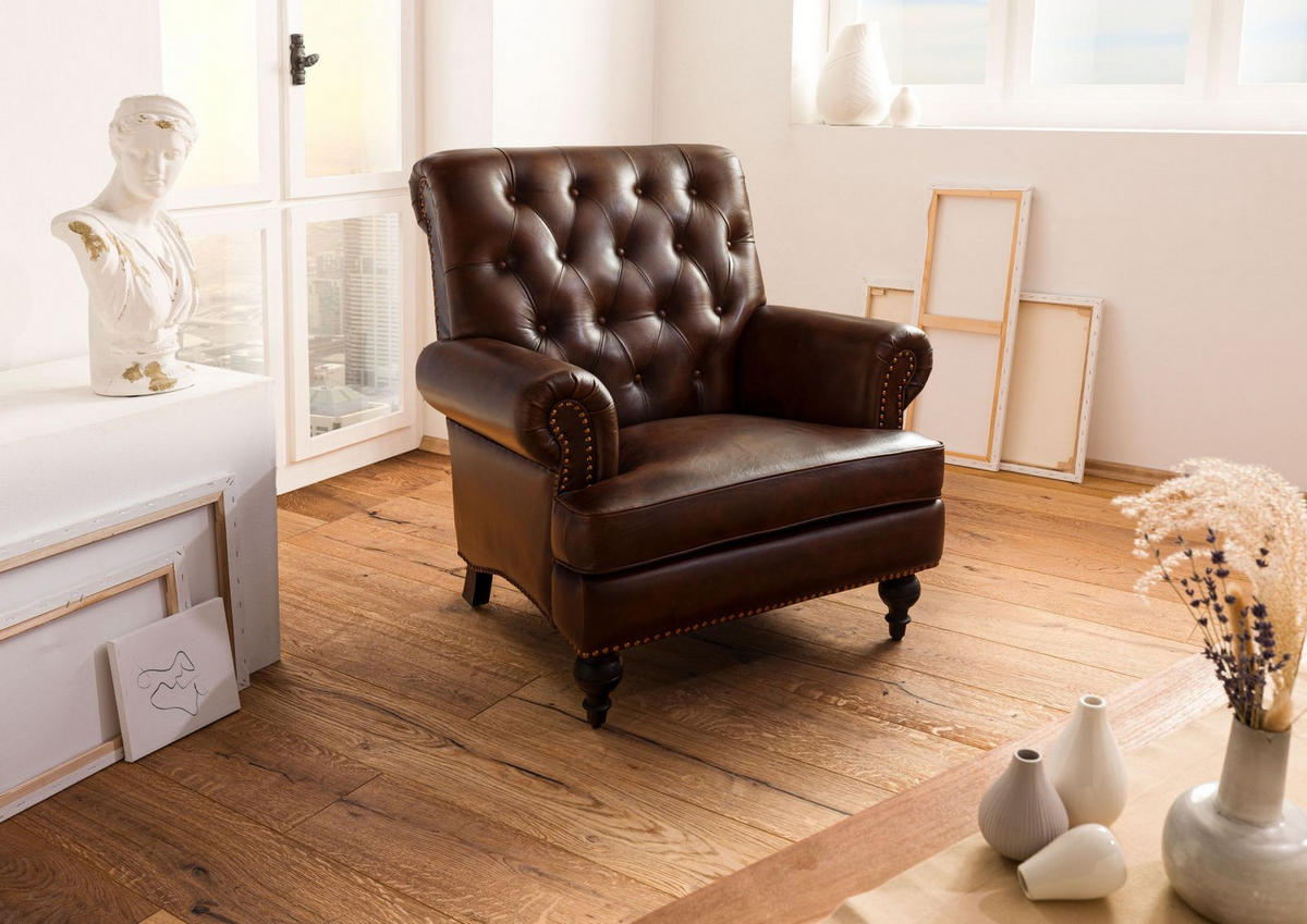 SESSEL Echtleder 84x84x94 braun CHESTERFIELD #105 - Braun, Leder (84/94/84cm) - Massivmoebel24