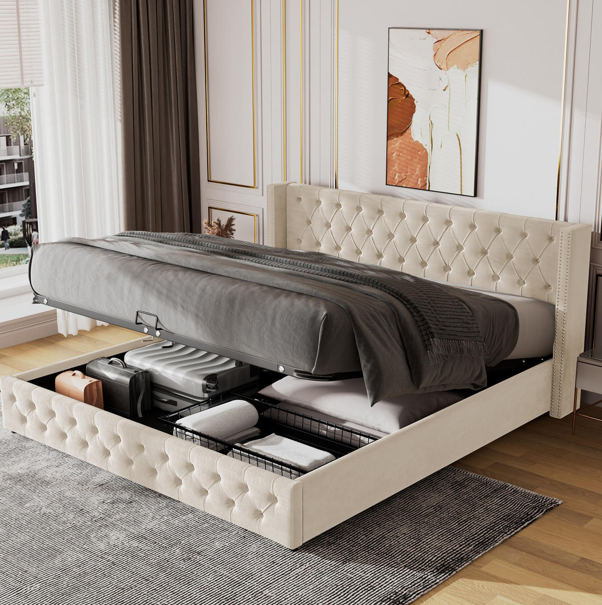 POLSTERBETT 160/200 cm Beige mit hydraulischem Bettkasten - Beige, Textil (160/200cm) - OKWISH
