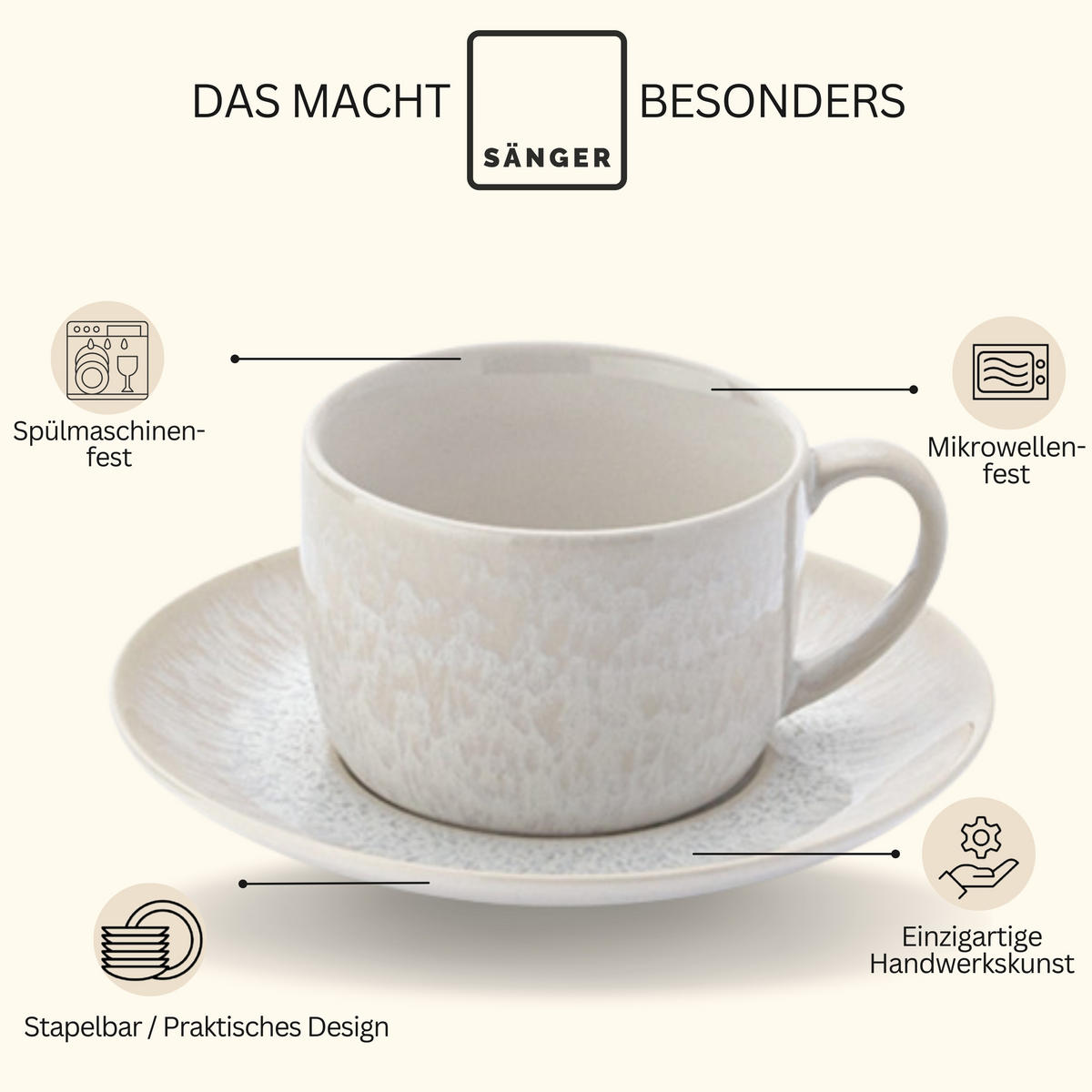 KAFFEETASSEN SET KORFU - 8 teilig aus Steingut - Creme, Keramik (28/26/38cm) - Sänger