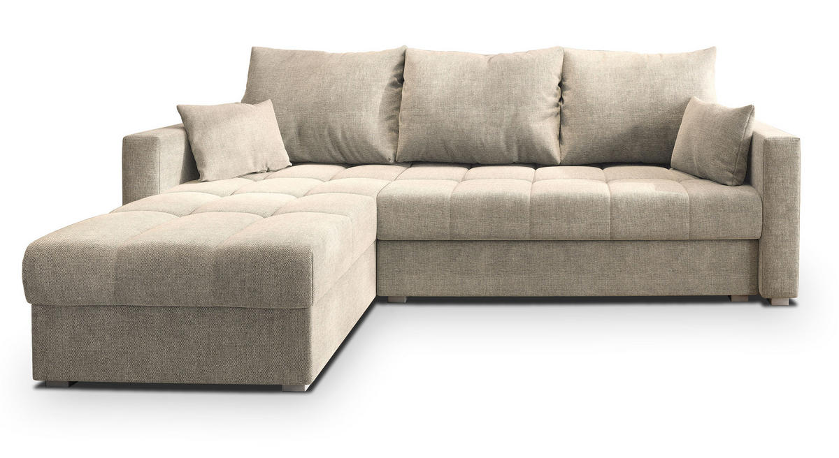 ECKSOFA NIDA Beige Geflochtener Stoff mit Schlaffunktion - Beige, Holz (220/143cm) - MASSENO