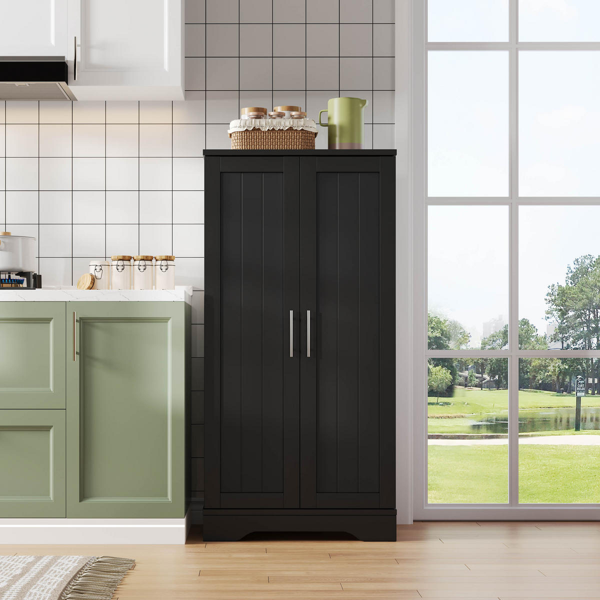 HOCHSCHRANK 2-türig aus MDF mit LED-Sensorlicht, moderner Stauraum für Küche und Wohnraum, 120/60/40 cm, Schwarz - Schwarz, Holzwerkstoff (60/120/40cm) - Redom