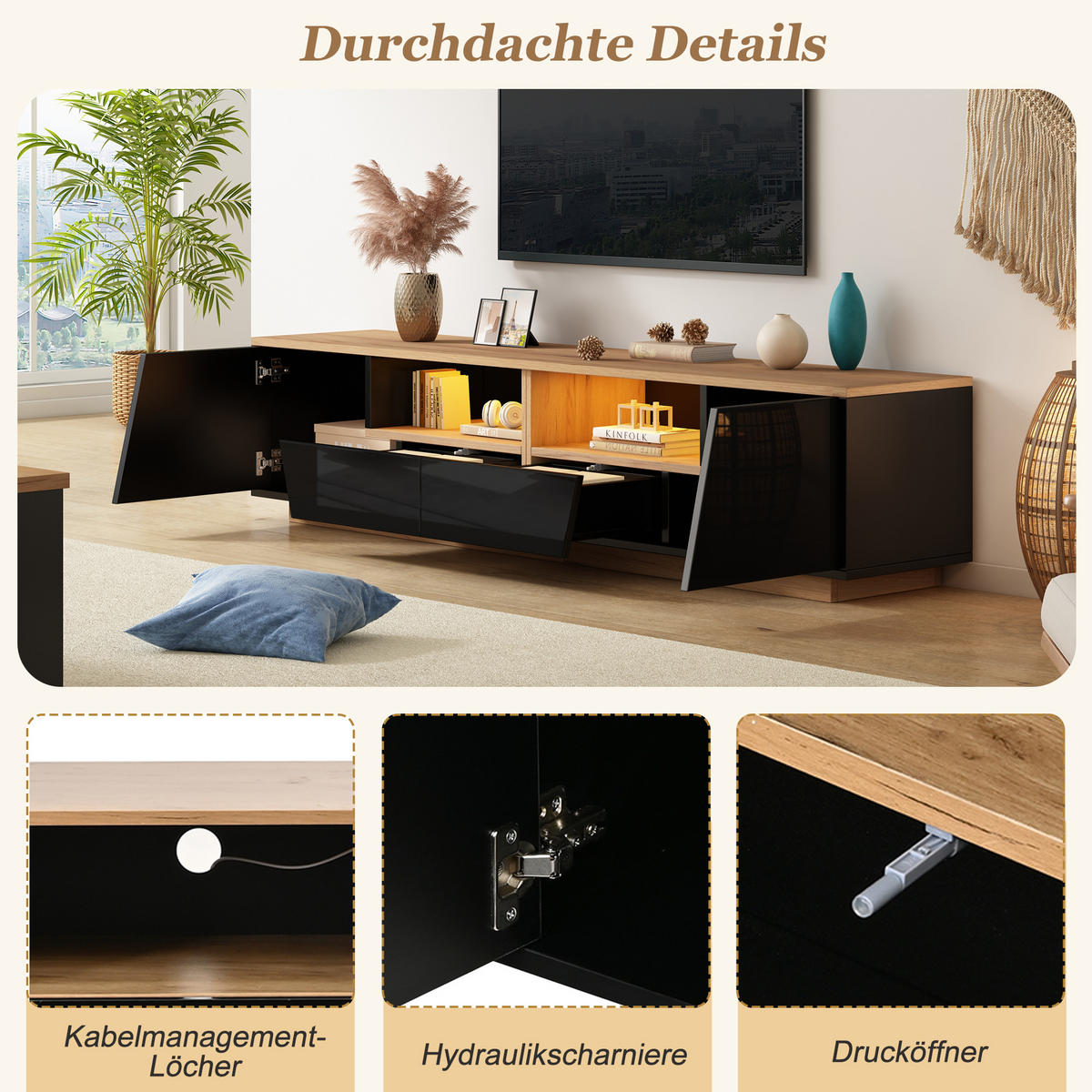 TV-SCHRANK LED Schwarz Holz 2 Schubladen 2 Türen 75 Zoll 180cm - Schwarz, Holzwerkstoff (180/46/40cm) - FLIEKS