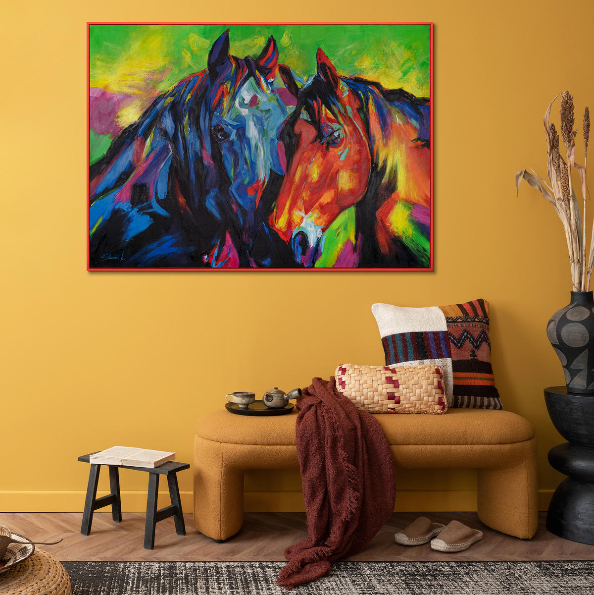 GEMÄLDE Vielfarbige Mähnen Schattenfugenrahmen Rot 120x80 cm - Rot, Holz (120/80cm) - YS-art gallery