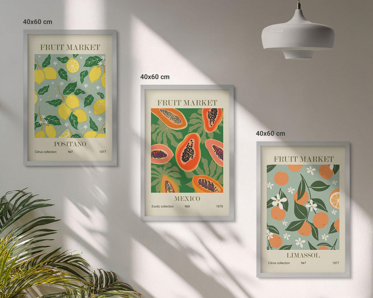 BILDER SET 3er Set - 40x60 cm Silberner Rahmen - Fruchtposter Zitronen Papayas - Silberfarben, Kunststoff (40/60cm) - TULUP