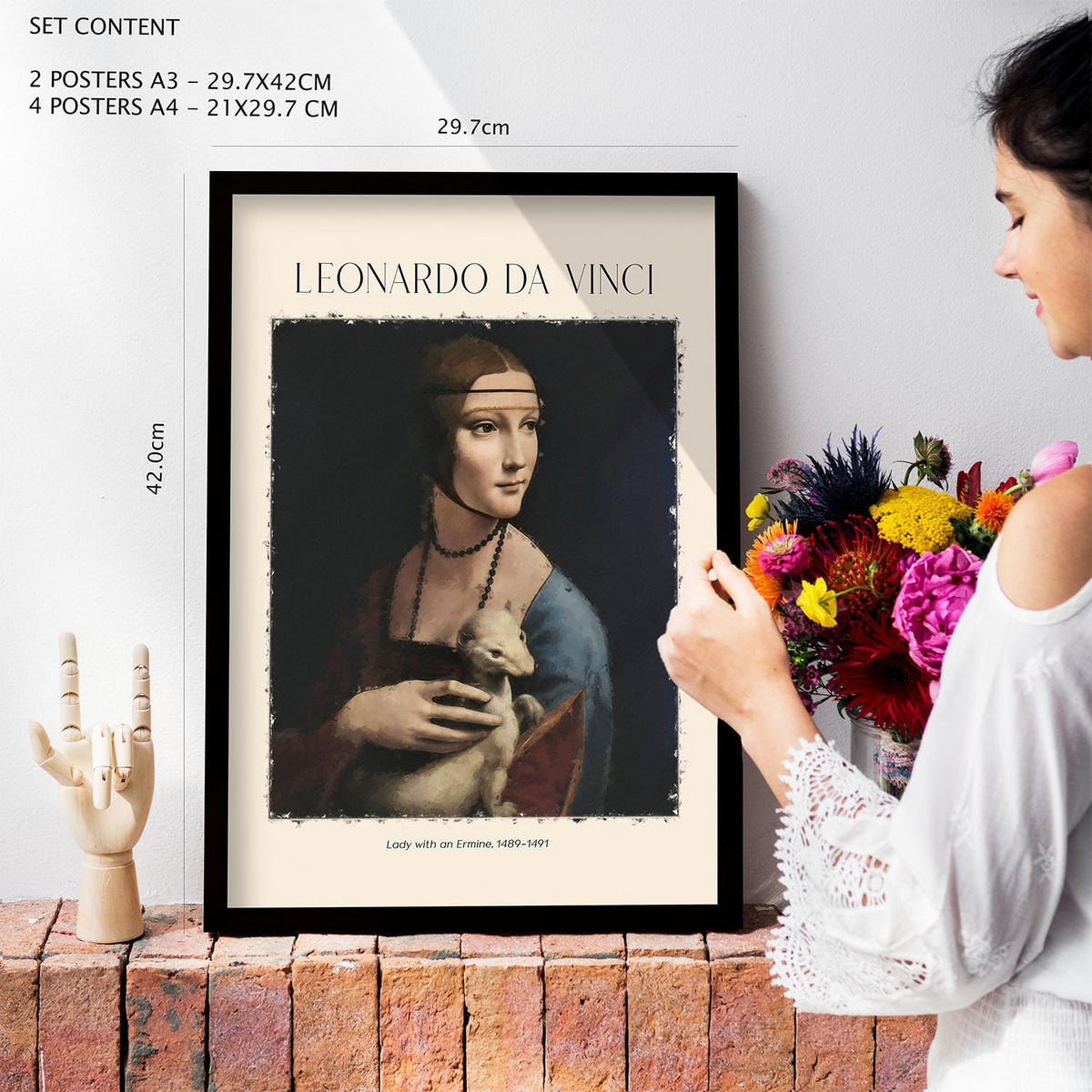 POSTER Set Mit 6 Da Vinci Malergalerie Dekorative Gemälde Für Ihr Wohnzimmer Schlafzimmer Zuhause Wandkunstdrucke A3 & A4 Rahmen Aus Hellem Holz - Beige, Papier (29/3cm) - Nacnic