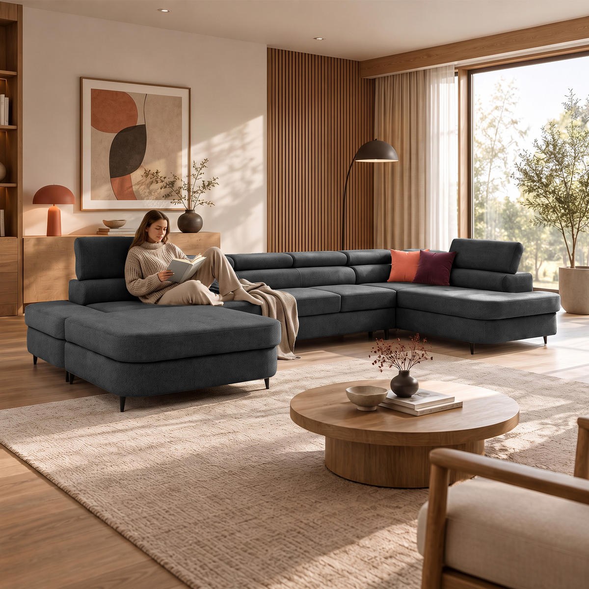 ECKSOFA U-Form PRIAM MAXI U Rechts mit Schlaffunktion 125x317 Velours Dunkelgrau - Dunkelgrau/Schwarz, Holz/Textil (400/91/203cm) - Muffo