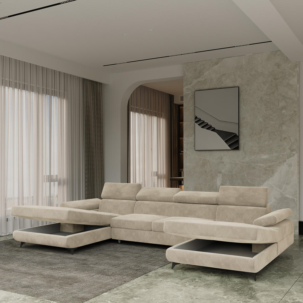 WOHNLANDSCHAFT DETTI Creme Velours-Stoff mit Schlaffunktion - Creme, Holz (339/89/190cm) - MASSENO