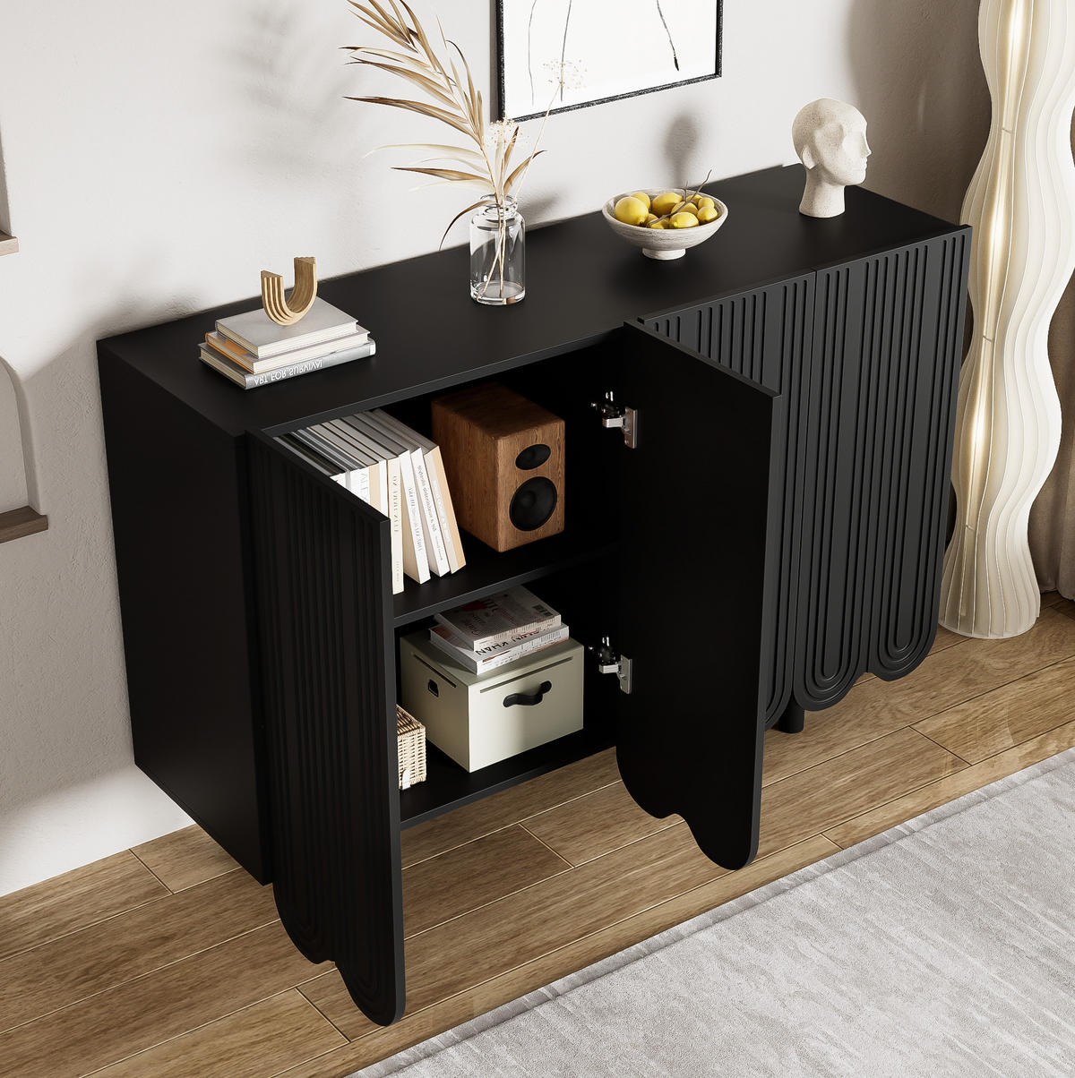 SIDEBOARD 120/37,5/80,8 cm in Schwarz mit 4 Türen und tropfenförmiger Front - Schwarz, Holzwerkstoff (120/37.5/80.8cm) - BEAOK