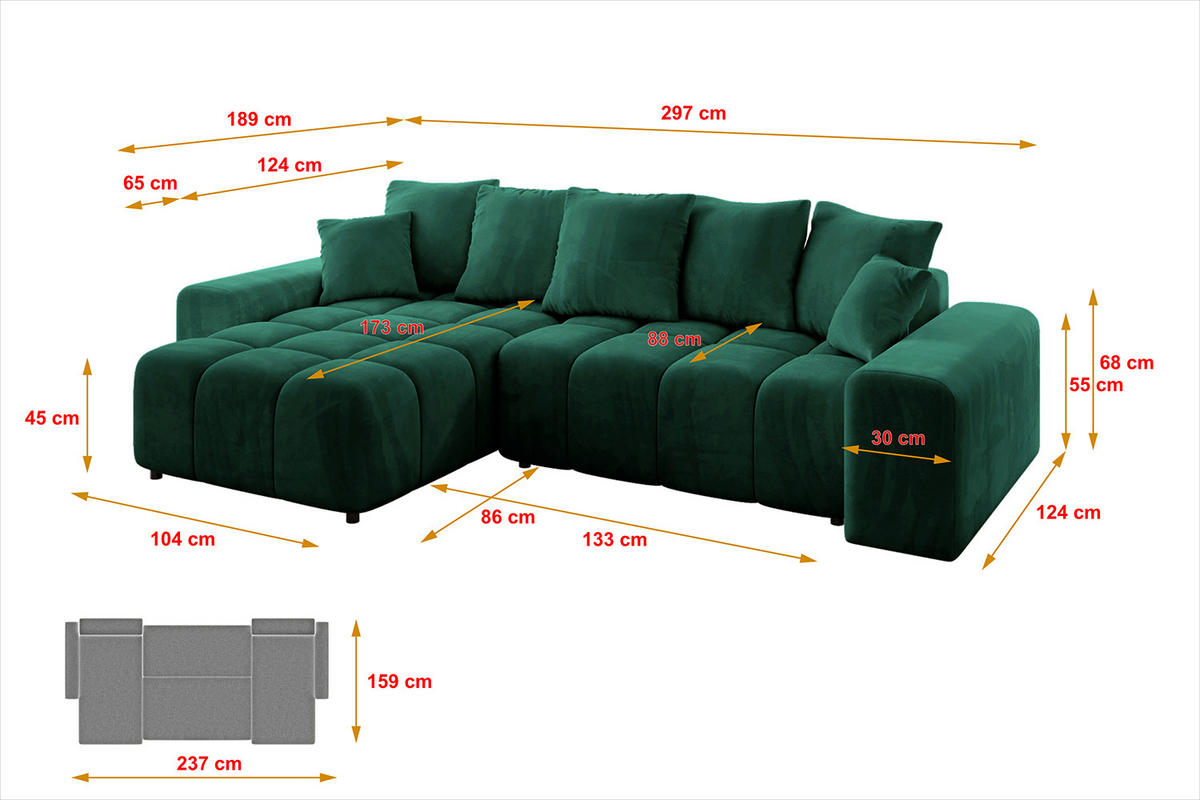 ECKSOFA Ottomane links/rechts ENIL-L 297x189x68 Dunkelgrün Velours - Dunkelgrün, Holzwerkstoff/Kunststoff (297/189cm) - ALTDECOR