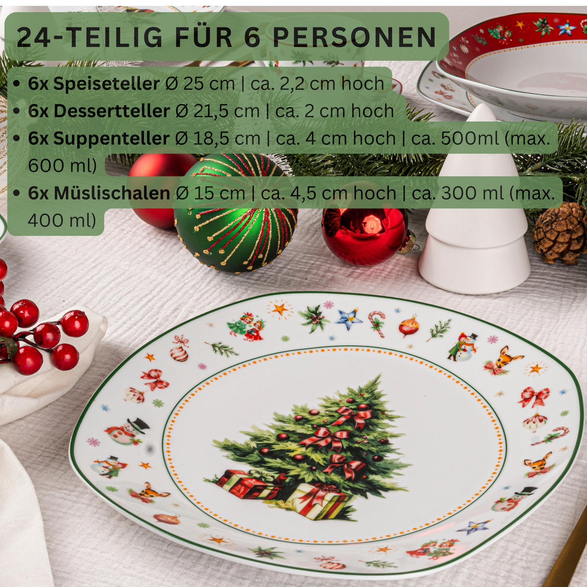 TAFELSERVICE BILGOLA CHRISTMAS DESIGN - 24 teilig aus Porzellan - Weiß, Keramik (50/30/70cm) - Sänger