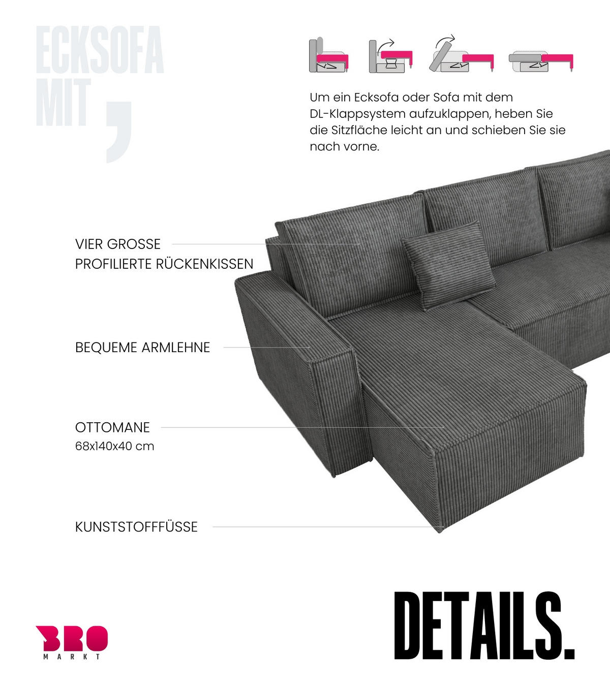 WOHNLANDSCHAFT Dexter U mit Schlaffunktion Grau Cord - Grau, Textil (310/80/141cm) - Bromarkt