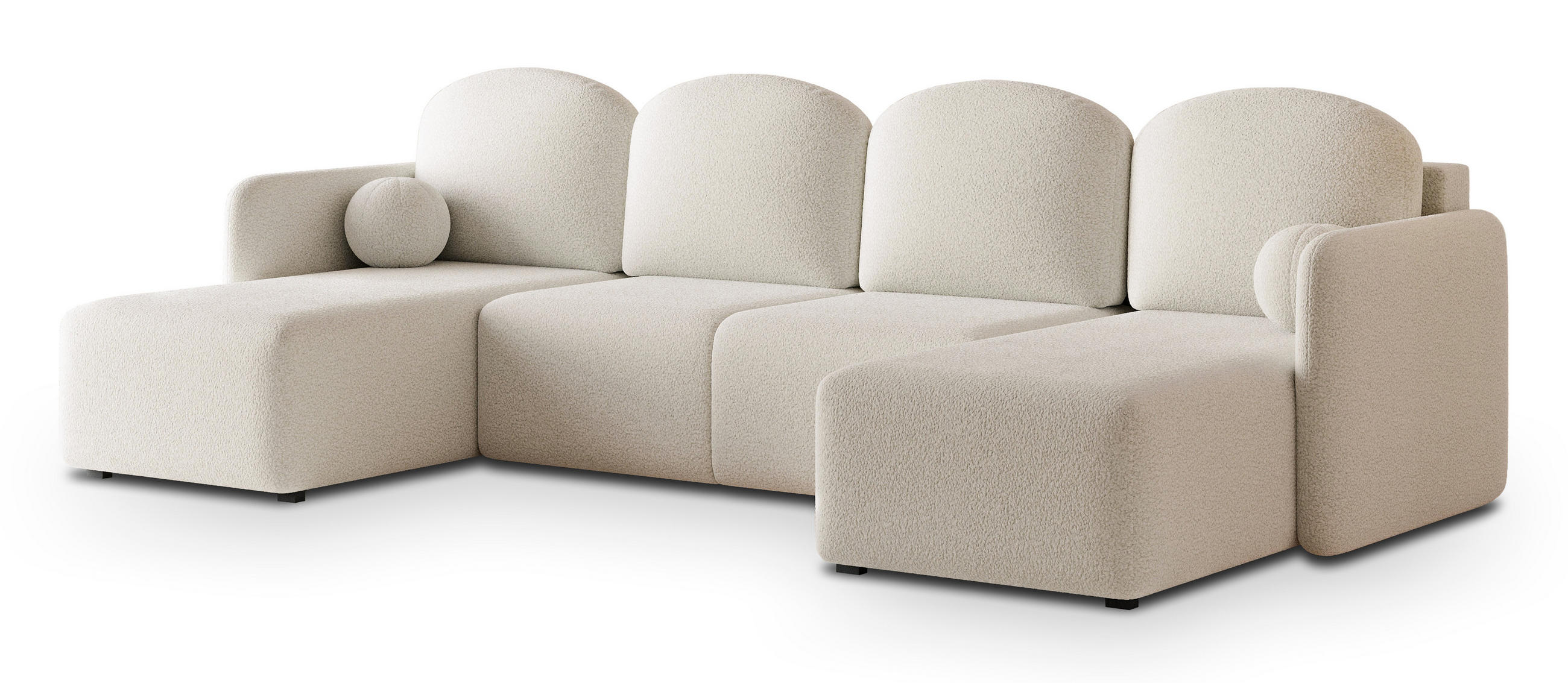 WOHNLANDSCHAFT NUBERO Creme Boucle-Stoff mit Schlaffunktion - Creme, Holz (285/85/143cm) - MASSENO