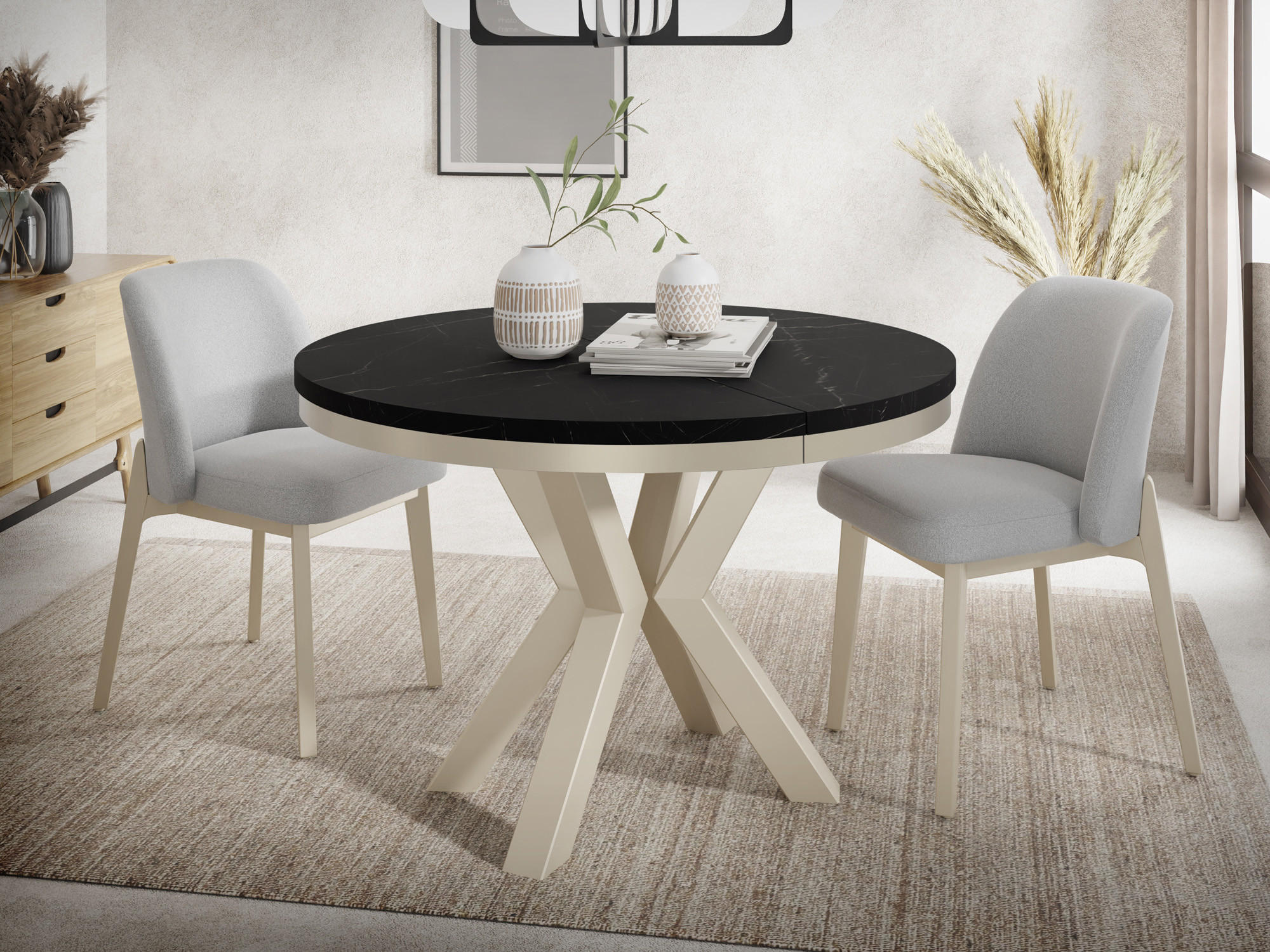 ESSTISCH Clara Beige Cashmere runder ausziehbarer, Marmor Schwarz 100-180/100/76 cm - Kaschmir/Anthrazit, Holzwerkstoff/Metall (100/100/76cm) - WFL GROUP
