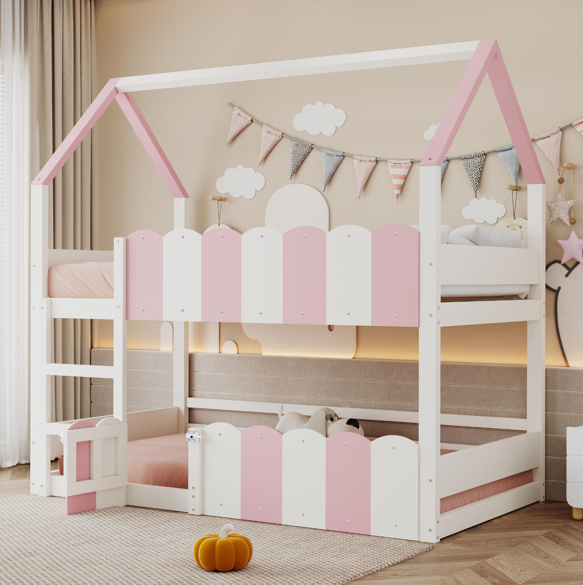 KINDERHOCHBETT 90/200 cm Weiß/Rosa mit Lattenrost - Rosa, Holz (90/200cm) - MIVRAY