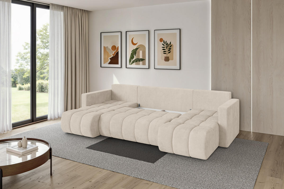 SEDACÍ SOUPRAVA DO U s funkcí spaní a úložným prostorem GARD-U 300x146x85 béžová manšestr - černá/béžová, kompozitní dřevo/textil (300/85/146cm) - ALTDECOR