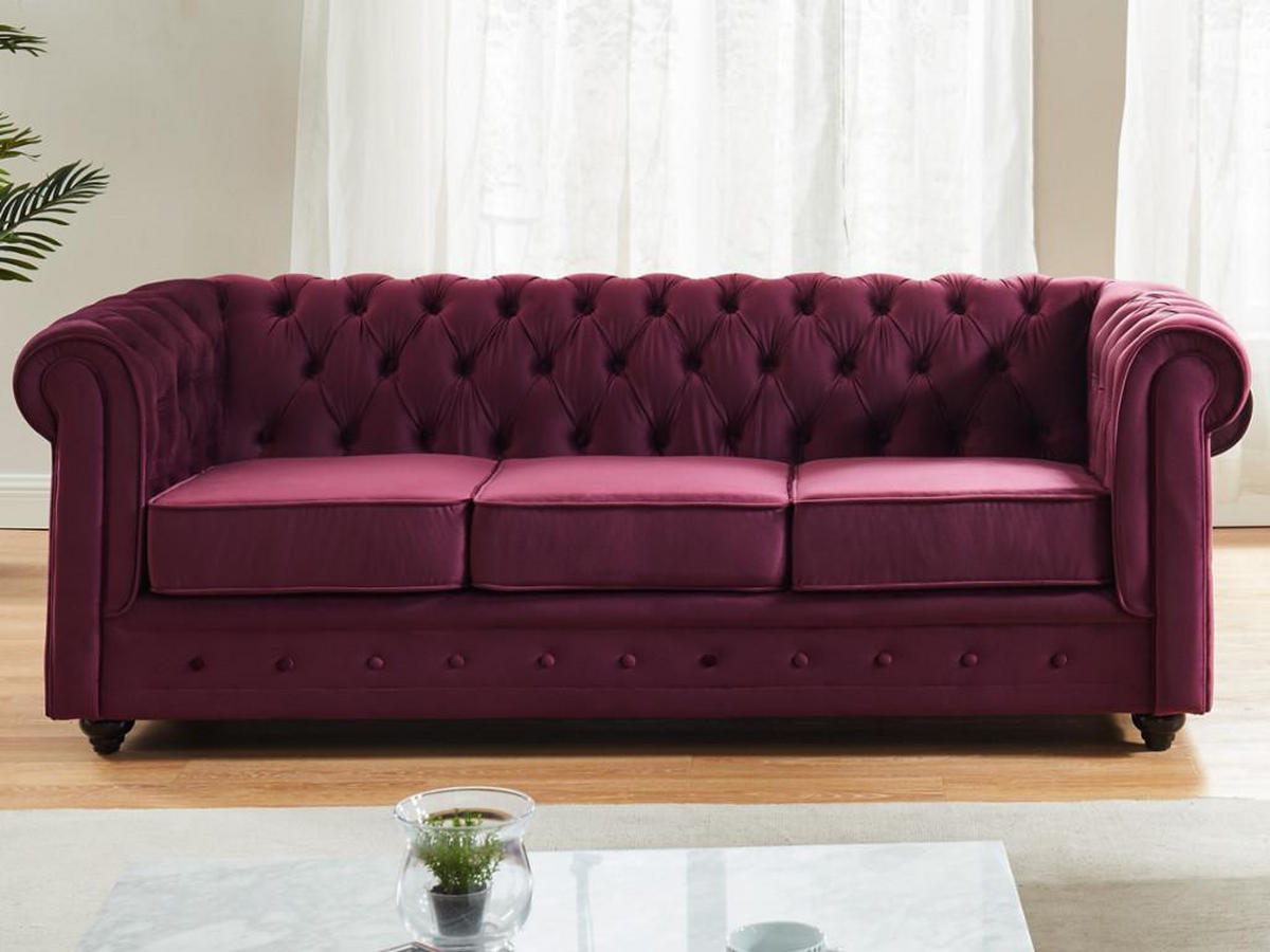 SOFA 3-Sitzer - Samt - Pflaumenfarben - CHESTERFIELD - Bordeaux, Textil (88/72/205cm) - Vente-Unique