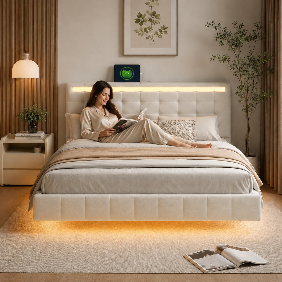 POLSTERBETT 140/200 cm mit LED, Bettgestell mit USB-C Anschluss, Doppelbett mit Polsterkopfteil und Lattenrost, Beige - Beige, Holz/Metall (140/200cm) - Joyfair