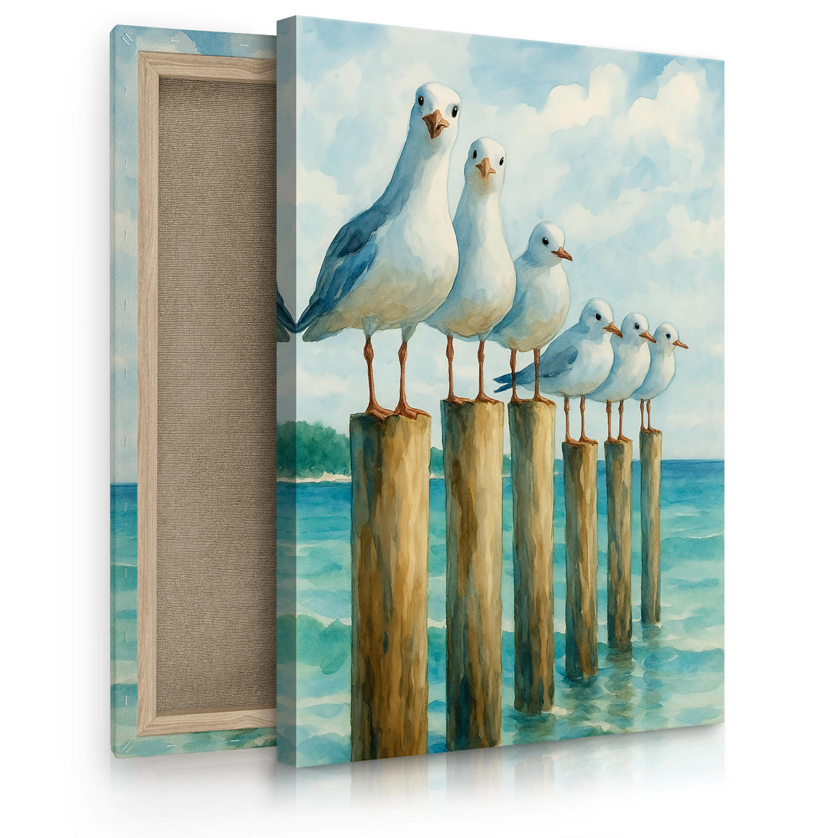 LEINWANDBILD Bemalte Möwen Meer 50/70cm - Blau/Beige, Textil (50/70cm) - Muralo