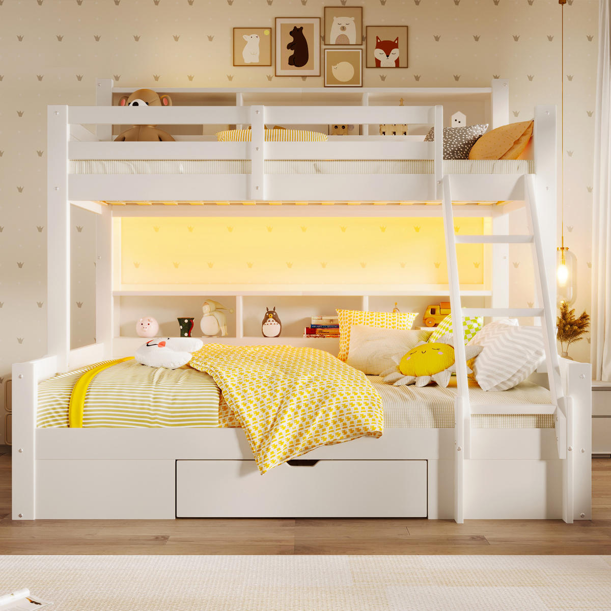 ETAGENBETT aus Kiefernholz 90x200/140x200 cm Weiß mit LED-Beleuchtung, Stauraum und Schublade - Weiß, Holzwerkstoff (90/200cm) - IVMEU