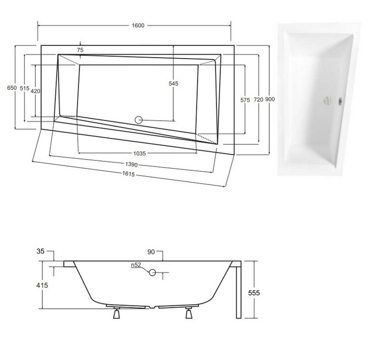 BADEWANNE Eckwanne INTIMA 160/90 Rechts + Schürze + Ablage + Kopfstütze Ablauf Füße - Weiß, Kunststoff (90/55.5/160cm) - bad land