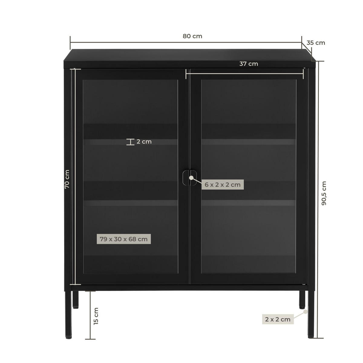 METALLVITRINE Baker, Kippschutz, höhenverstellbare Füße, schwarz - Schwarz, Metall (80/90.5/37cm) - tectake