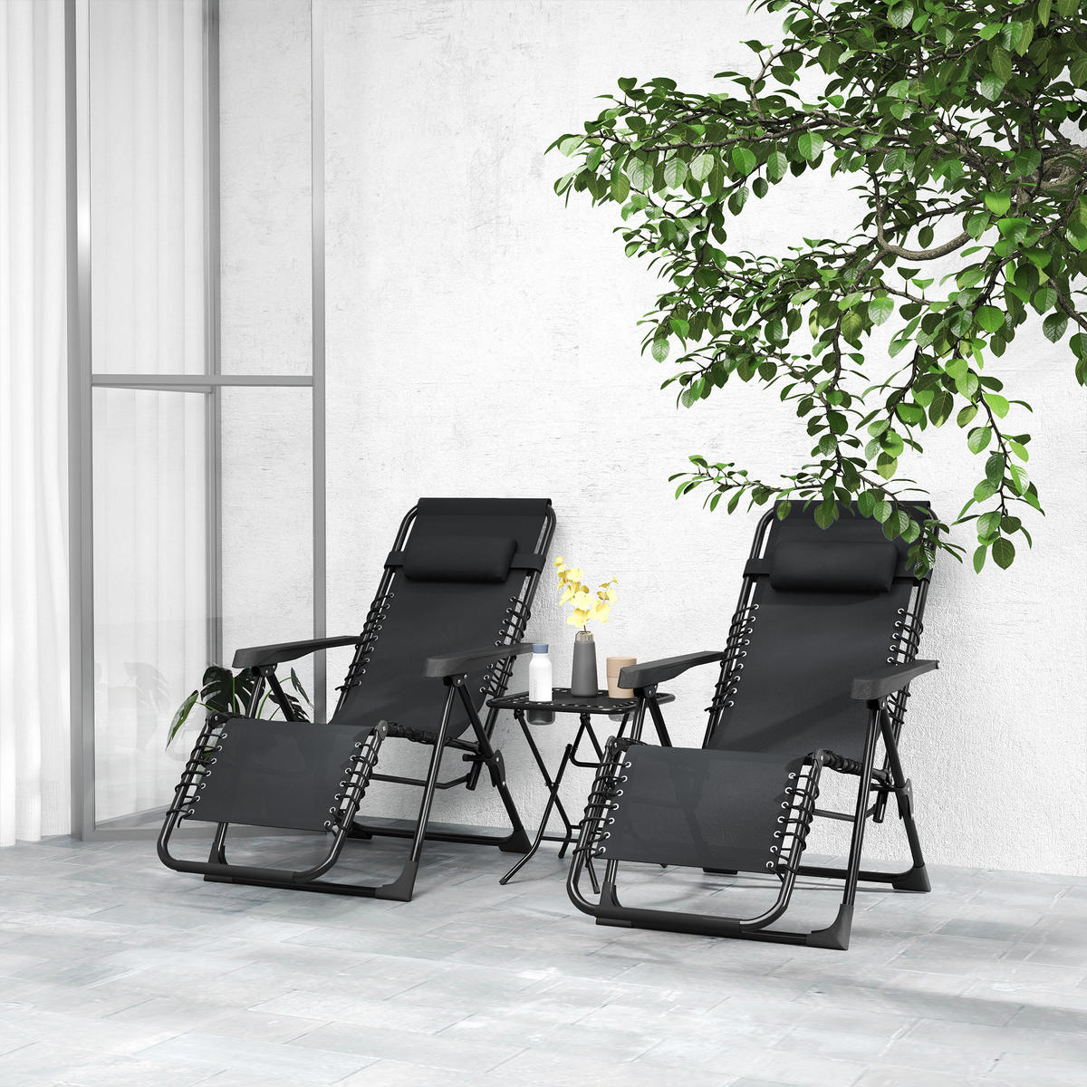 SONNENLIEGE-SET DE-15675 5-fach verstellbar, mit Tisch Schwarz - Grau, Metall (65/110/90cm) - ComfortXL
